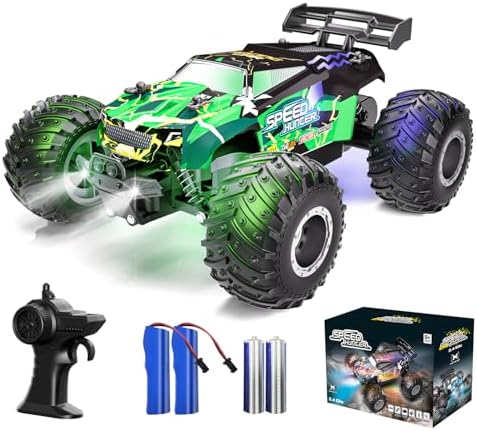 Remote Control Car RC Cars All Terrain Monster Truck, Outdoor 2WD Off Road Hobby RC Truck with 2 Rechargeable Batteries and Colorful Light, 20Km/h Fast RC Car Toys Gift for Kids Boys
