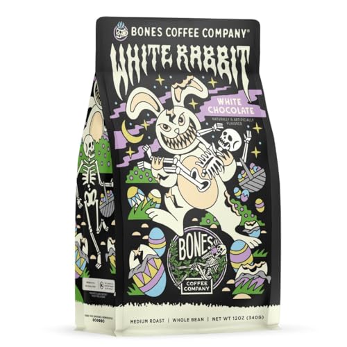 Bones Coffee Company White Rabbit Flavored Coffee Beans, Whole Bean Coffee Medium Roast Low Acid, White Chocolate Flavor (12 oz)