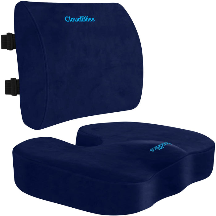 CloudBliss Seat Cushion,Office Chair Cushion,Car Seat Cushion,Lumbar Support Pillow for Office Chair,Back Support Memory Foam Pillow Coccyx Cushion for Tailbone Pain,Sciatica & Back Pain Relief -Blue