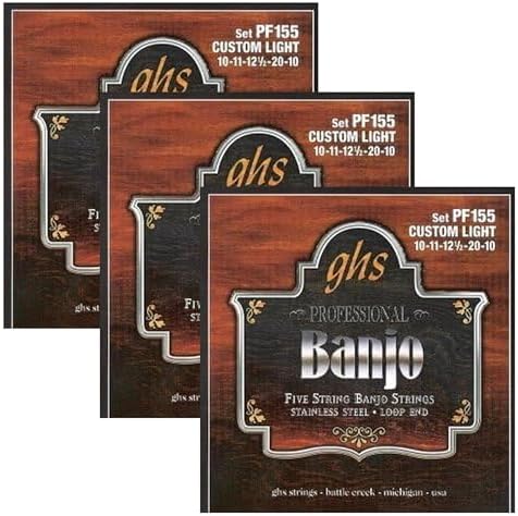 GHS Strings BANJO - Stainless Steel String Set- 5-String - PF155 - Light, 10-20, Pack of 3
