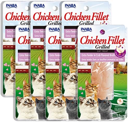 INABA Premium Hand-Cut Grilled Chicken Fillet Cat Treats/Topper with Vitamin E and Green Tea Extract, 0.9 Ounces Each, Pack of 6, Extra Tender Crab Broth