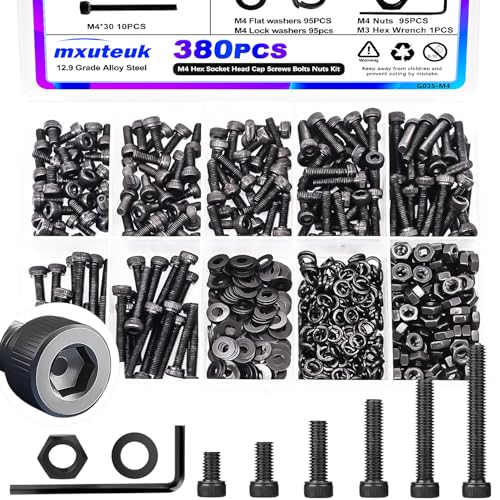 mxuteuk M4 Screws,M4 Bolts Screws Nuts Kit,380PCS M4 x 6/8/12/16/20/30mm Metric Hex Socket Head Cap Bolts,12.9 Grade Alloy Steel M4 Screws with Hex Wrench