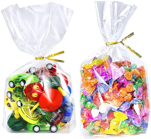 PigPotParty 6"x 9", 100Pcs Bottom Gusset Bags, Clear Plastic Cellophane Treat Goodie Bags with Ties for Party Favor, Candy, Cookie, Popcorn, Small Gift Wrapping (No Side Gusset)