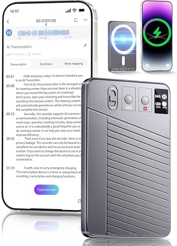 AI Voice Recorder - Record,Transcribe,Charge 3 in 1,Support 107 Languages,Avoid Missing Meeting Highlights,64 GB,ChatGPT Driven AI Summarization,App Control,Mind Mapping,Bluetooth Distance 50ft