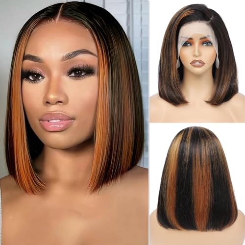 Bob Wig Human Hair Highlight Ombre HD Lace Front Wigs Human Hair Pre Plucked 1B/30 13x4 180 Density Blunt Short Bob Frontal Glueless Balayage Wig Human Hair with Baby Hair 8 Inch