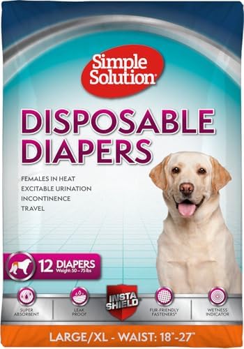 Simple Solution Disposable Dog Diapers for Female Dogs, True Fit, Absorbent, Leak Proof with Wetness Indicator, XL Puppy & Doggie Period Pad and Pee Diaper, for Large Pets, 18-27 Inch Waist, 12 Count