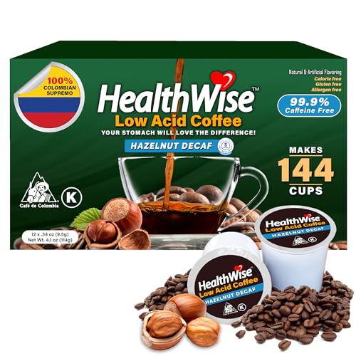 Healthwise Low Acid Hazelnut Decaf, Chemical-Free Swiss Water Process, 99.9% Caffeine Free, 100% Colombian Coffee K-Cups – Medium Roast, Healthier Coffee for Sensitive Stomachs - Keurig 2.0 Compatible - - 144 Count (Pack of 12)