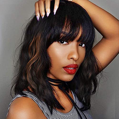 Black Mixed Brown Wig for Black Women 14 Inch Short Wavy Hair Wigs Curly Bob Wig with Bangs Wigs Shoulder Length Wigs for Black Women Bob Style Synthetic Heat Resistant Bob Wigs