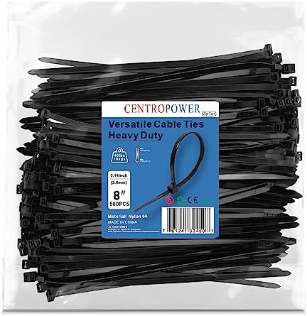 Zip Ties 8 Inch, 500 Pack, Heavy Duty 40 Lbs Tensile Strength - UV Resistant, Self-Locking Black Nylon Cable Ties for Indoor and Outdoor Cable Management by CENTROPOWER