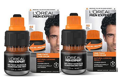 L’Oreal Paris Men Expert One Twist Mess Free Permanent Hair Color, Mens Hair Dye to Cover Grays, Easy Mix Ammonia Free Application, Real Black 02, 2 Application Kit