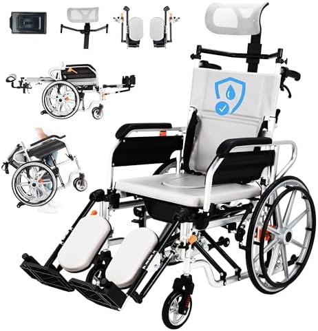 4-in-1 Reclining Wheelchairs, Waterproof Shower Bathroom Wheelchair, Transport Wheelchairs with Elevating Leg Rests and Potty- 18.5" Wide Seat Heavy Duty Recliner Wheel Chair for Seniors & Adults