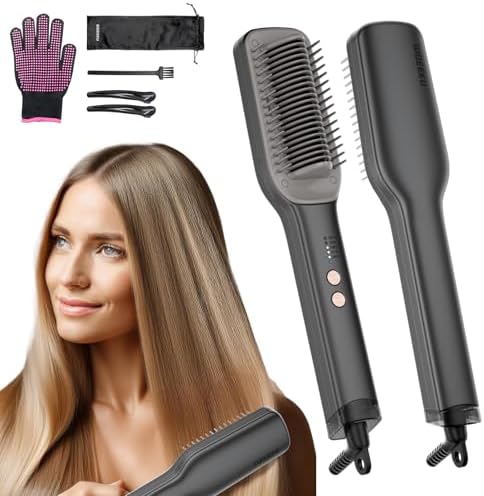 Hair Straightener Brush, Negative Ion Flat Iron & Straightening Comb 2 in 1 with Convenient Comb, Fast Heating, Anti-Scalding, 30s Fast Heating, 5 Temp Settings 284℉ - 392℉ (Gray)