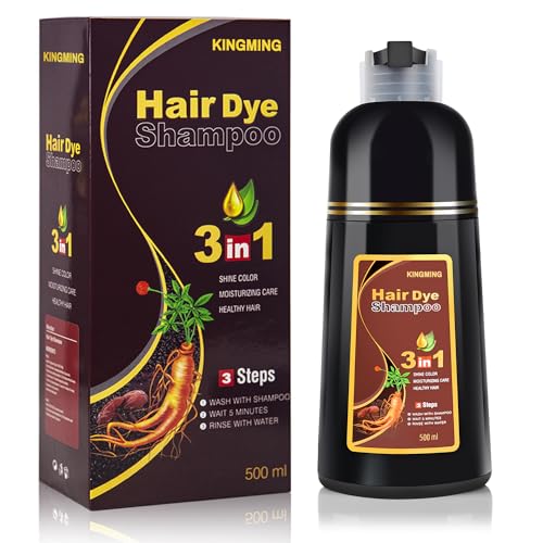 KINGMING Dark Brown Hair Dye Shampoo - 3 in 1 for Gray Coverage, Natural Color, and Champu Para Canas for Men and Women (500ml)