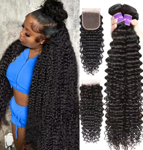 Deep Wave Human hair Bundles With Closure (16 18 20 22+14 Free Part) 12A 100% Unprocessed Brazilian Virgin Human Hair Deep Curly Weave 4 Bundles With 4x4 Lace Closure Natural Color