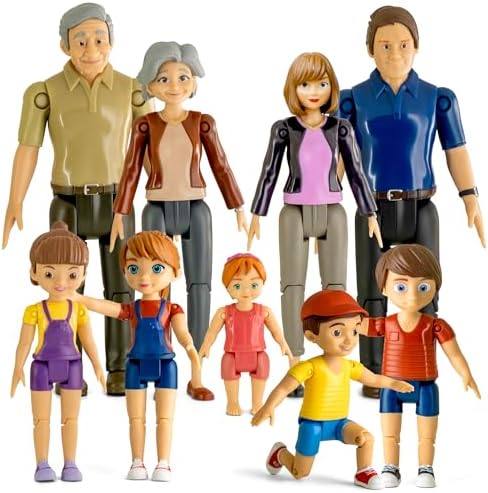 Dollhouse People, Bendable Dollhouse Family Set – 9 Poseable Figures Including Grandpa, Grandma, Mom, Dad, Sister, Brother, Cousins, and a Baby Girl – Perfect for Dollhouse Play and Imaginative Fun