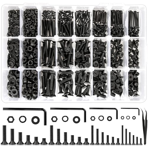 1700Pcs Screws Assortment Hex Socket Flat Head 24 Size M2 M3 M4 M5 Black Screws, Nuts and Bolts, 10.9 Alloy Steel 8MM to 25MM Metric Bolt Assortment Machine Screws, 8/10/12/16/20/25mm