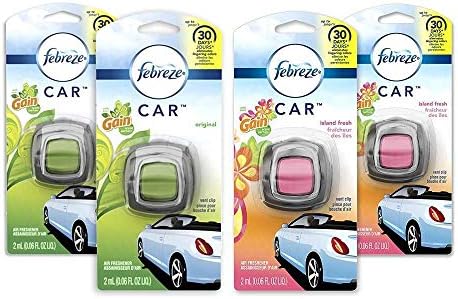 Febreze Car Air Freshener, 2 Gain Original and 2 Gain Island Fresh Scents, Odor Eliminator for Strong Odors (4 Count)