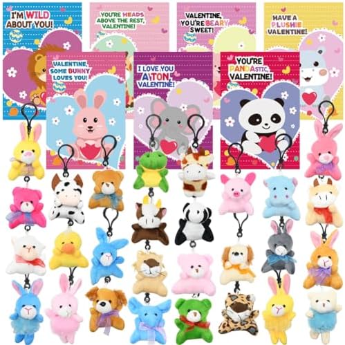UMEELR 28PCS Valentine's Day Mini Plush Animals Toys, Small Stuffed Animal Keychain Animal Bulk for Kids Valentine's Classroom Gift Exchange Valentines Party Favor, Valentine Greeting Cards