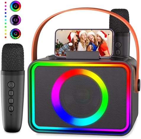 Karaoke Machine,Portable Bluetooth Karaoke Speaker with 2 Wireless Microphones for Adults & Kids Toys with LED Lights, Karaoke Microphone with PA System Supports USB/TF/AUX,Gift for Party (Black)