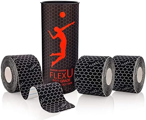 FlexU Kinesiology Tape - 60 2" x 10" Pre-Cut Strips for Lower Back, Knees, & Shoulders; Pain Relief & Support for Muscles & Joints, Shoulders, Knees & Back, Rheumatism, Gout, Osteoporosis (Black)