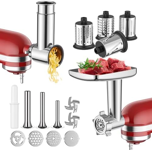 GVODE Meat Grinder & Stainless Steel Slicer Shredder Attachment for KitchenAid Stand Mixer, Meat Grinder Attachment with Sausage Stuffing Set and Cheese Grater, For Kitchenaid Mixer Attachments