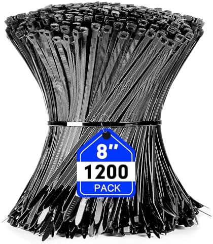 Zip Ties, RAZCC 1200pcs Black Cable Zip Ties 8 Inch, Heavy Duty Plastic Wire Ties with 50lb Tensile Strength, Self-Locking Black Nylon Tie Wraps for Indoor and Outdoor