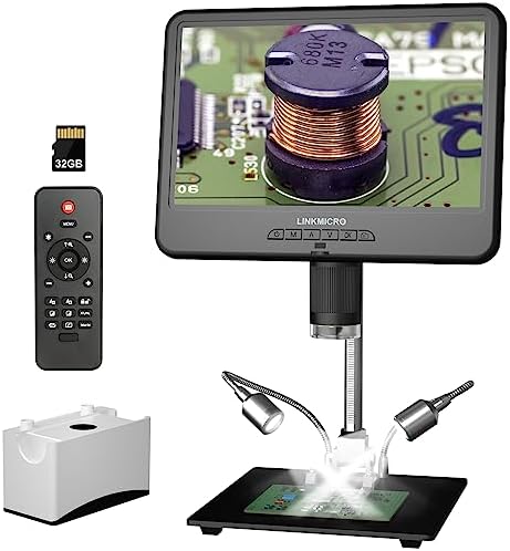 LM210 10.1'' LCD Coin Digital Microscope Full View for Error Coins, Soldering Microscope Camera for Electronics Repair, 260X Adults Coin Magnifier with Lights, [12.6'' Microscope Stand] 32G