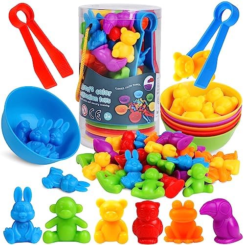 Counting Animals Color Sorting Matching Games with Sorting Bowls Montessori Sensory Early Educational Toys Learning Fine Motor Skill & Counting Math Toys Gift for 3 4 5 Year Old Boys Girls