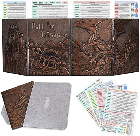 CZYY DND Dungeon Master Screen Faux Leather Embossed Dragon & Mimic, Four-Panel with Pockets DM Screen for Dungeons and Dragon, Pathfinder, D&D