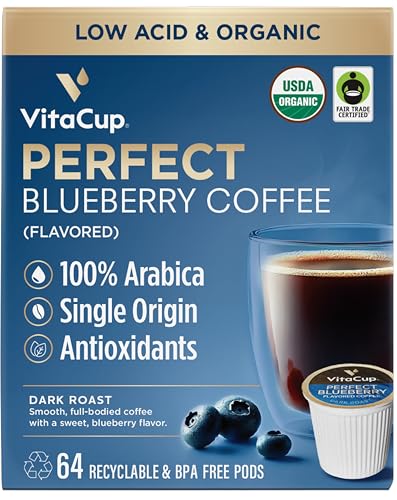 VitaCup Perfect Blueberry Flavored Low Acid Coffee Pods, Organic, Fair Trade, Dark Roast Single Origin from Guatemala, Clean & Pure, Recyclable Single Serve Pods, 64 Ct