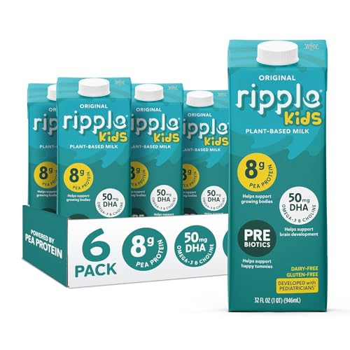 Ripple Kids Original Plant Based Milk | 8g of Quality Sourced Pea Protein, Calcium Rich | Shelf Stable | Vegan & Non GMO | Dairy, Soy, Nut, Gluten, & Lactose Free | 32 Fl Oz Cartons (Pack of 6)