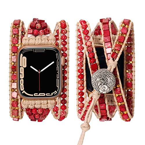 Handmade Watch Band Compatible with Apple Watch 42mm 44mm 45mm 49mm Imperial Jasper Boho Watch Bracelet Chakra Watch Strap for iWatch Series 8/7/6/5/4/3/2/1/SE/Ultra, Pink