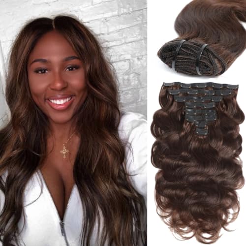 LUMIERE Clip In Hair Extensions Real Human Hair 8 Pcs 20 Clips 120g Seamless Body Wave Clip In Extensions Black Women Seamless Clip Ins Double Wefts Dark Brown #2 20 Inch