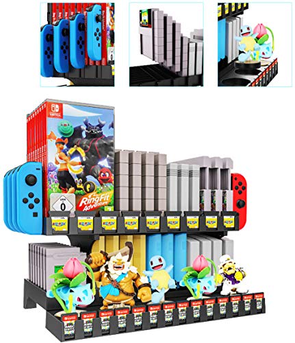 Skywin Retro Games Cartridge Holder Compatible with Nintendo Gameboy, Switch, NES, N64, and 3DS Games - 61 Games Capacity, Includes Slots for Switch Tablet, Joycon Controllers, and Amiibo Display