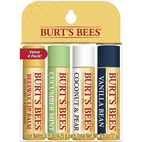 Burt's Bees Lip Balm Valentines Day Gifts, Beeswax, Cucumber Mint, Coconut and Pear, and Vanilla Bean Pack, With Responsibly Sourced Beeswax, Tint-Free, Natural Lip Treatment, 4 Tubes, 0.15 oz.