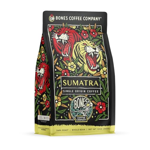 Bones Coffee Company Sumatra Single-Origin Coffee Beans, Whole Bean Coffee Medium Roast Gifts Low Acid Gourmet, Dark Chocolate, Smoky, Earthy (12 oz)