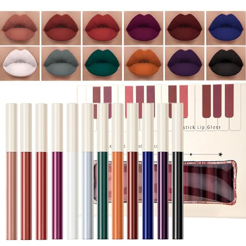 Matte Liquid Lipstick Set, 12 Colors Velvet Lip Glosses Kit, Waterproof Long Lasting Colored Lip Stain High Pigmented Moisturizing Black Lipstick Lip Makeup for Women Girls