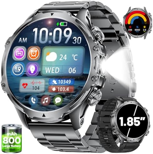 Military Smart Watch for Men,1.85" HD/800mAh Battery Smart Watches with LED Flashlight for Android iOS (Bluetooth Call Answer/Calls)Fitness Tracker with Heart Rate/Sleep Tracking/Blood Oxygen Black
