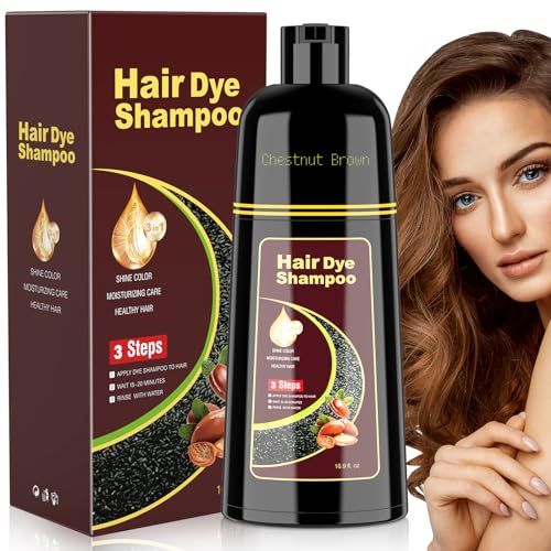 Chestnut Brown Hair Dye Shampoo 3 in 1, Semi Permanent Hair Color Shampoo for Gray Hair Coverage Treated Natural Herbal Plant Grey Cover For Women & Men, 16.9 Fl Oz