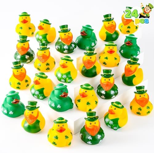 JOYIN 24 Pcs St.Patrick's Day Rubber Ducks, Green Rubber Lucky Ducks with Hats & Shamrock Patterns, Small Kid Bath Toys, St Patrick Gifts for Kids, Party Favors & Decorations