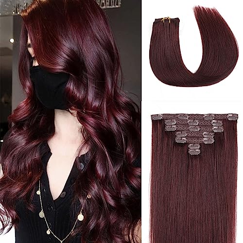 Burgundy Red Clip in Hair Extensions Real Human Hair,70G 7Pcs #99J Wine Red Human Hair Clip in Extensions 18Inch Straight Clip in Hair Extensions