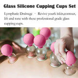 SETROVIC 4 Pieces Glass Silicone Cupping Cups Set Massage Vacuum Suction Cupping Tools Anti Cellulite Lymphatic Therapy Sets for Eyes Body Face Leg Arm Back Shoulder Muscle and Joint Pain (Pink)