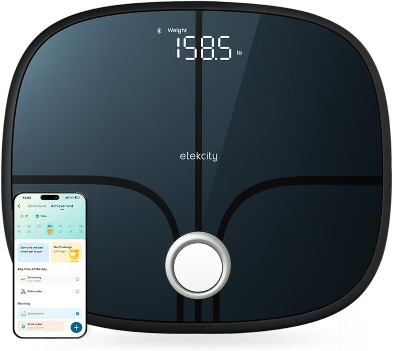 Etekcity Smart Rechargeable Scale for Body Weight, BMI, Fat, Muscle Mass, FSA HSA Eligible, Digital Bathroom Scale with 13 Metrics, Secret Mode, Bluetooth Connect to Free Apps, Stealth Black