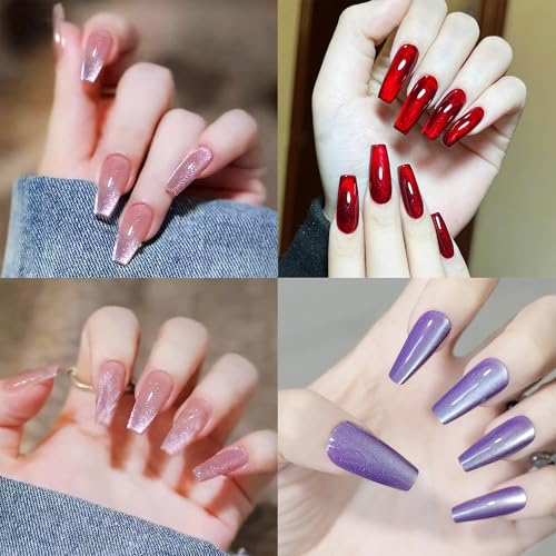 4 Color Press on Nails,Medium Coffin Fake Nails,Glossy Acrylic Nails with Gradient & Glitter Design,Full Cover False Nails,Stick on Nails for Women Girls（Red Pink Purple Nude Color）96Pcs