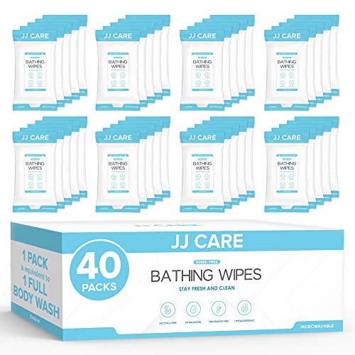 JJ CARE Shower Wipes For Adults No Rinse - Bulk Pack of 40 Body Wipes for Adults Bathing | 320 Count Disposable No Rinse Disposable Washcloths, Waterless Body Wash for Elderly