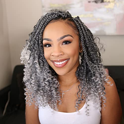 ToyoTress Boho Box Braids Crochet Hair - 16 Inch 8 Packs Ombre Gray Box Braids Crochet Hair Curly End Crochet Braids, Shouler Length Pre-looped Synthetic Braidsing Hair (16 Inch, T-Gray-8P)