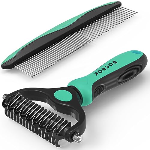 Pet Grooming Brush and Metal Comb Combo, Cat Brush Dog Brush for Shedding, Undercoat Rake for Dogs Grooming, Dematting Deshedding Brush Dogs Shedding Tool for Long matted Haired Pets, Green
