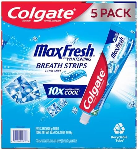 Colgate Max Fresh Cool Mint Toothpaste with Mini Breath Strips, 7.3 oz, 5-Pack, Whitening and Cavity Protection