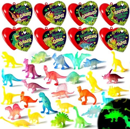 JOYIN 28 Packs Valentines Day Greeting Cards with Glow in dark Dinosaur Toys and Heart Shells for Valentine Kids Party Favor, Classroom Exchange Prizes, School Gift Rewards
