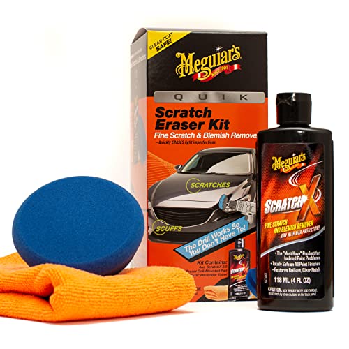 Meguiar's Quik Scratch Eraser Kit, Car Scratch Remover That Removes Blemishes, Includes Meguiar's ScratchX, Drill-Mounted Pad, Microfiber Towel - 3 Count (1 Pack)